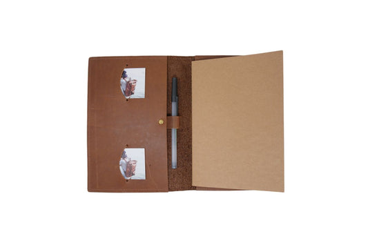 An interior look of the A5 Journal. Featuring two business card slots, a pen loop & an A5 size notebook.