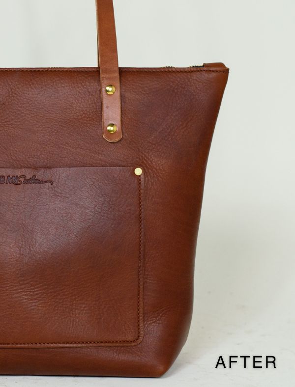 A leather zipper tote, after it has been conditioned & scratches removed.