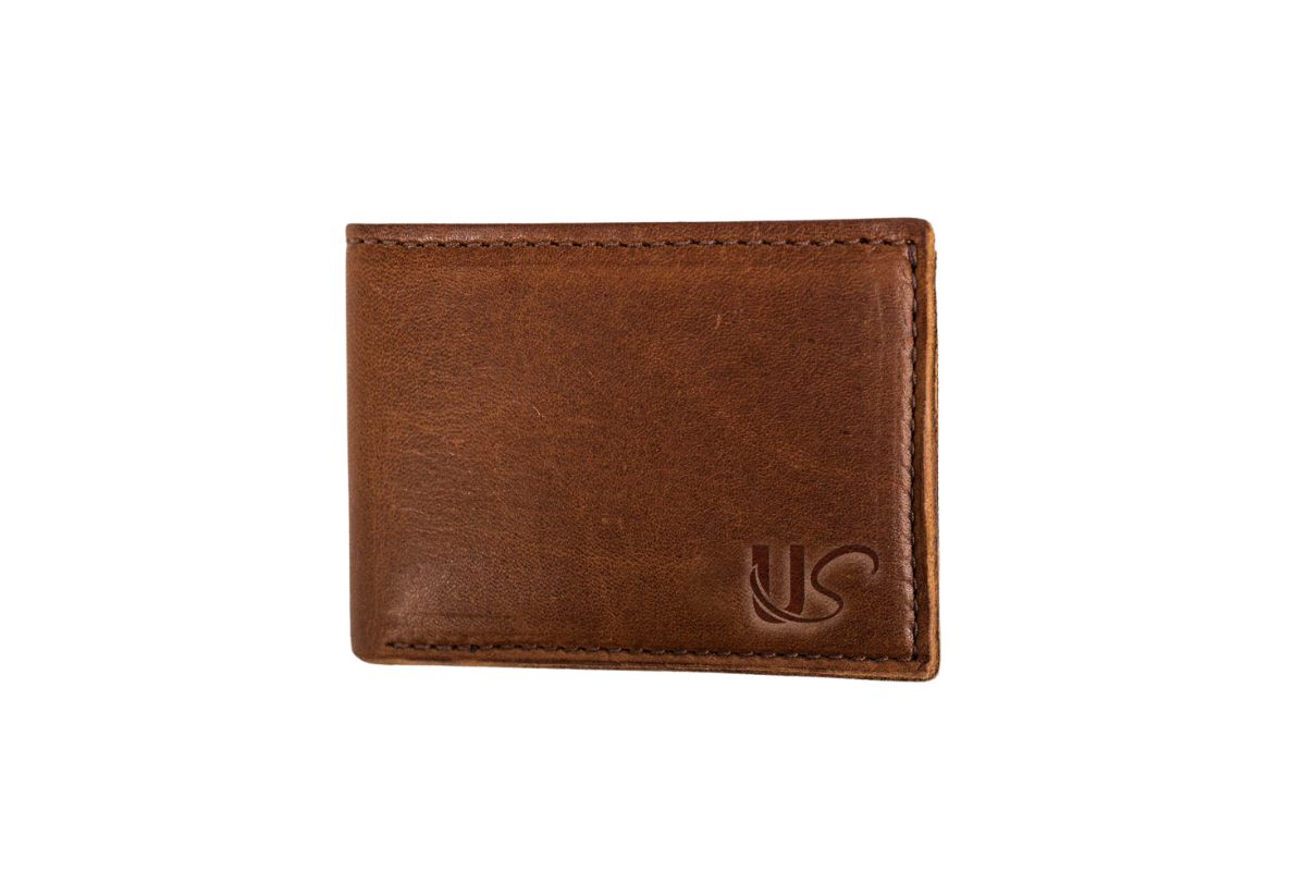 The exterior of the Bifold Wallet, featuring its durable full-grain leather, precise stitching & simplistic logo.