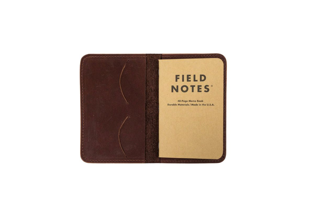 The leather Notebook Wallet, featuring a 48 page memo book & 2 business or credit card slots.