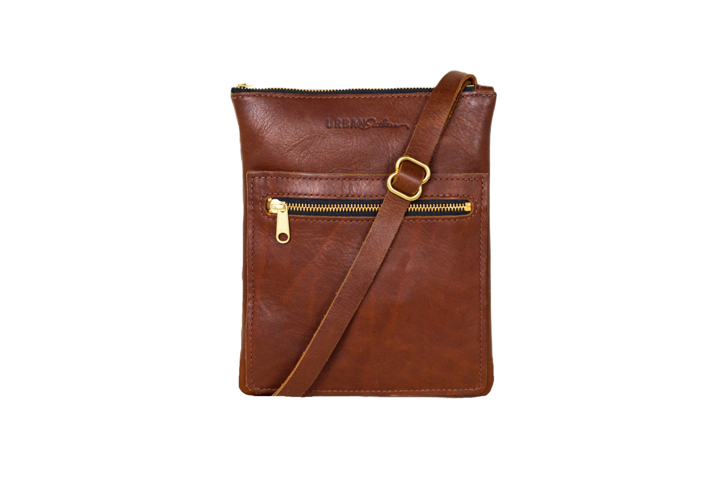 The Urban Slim Crossbody, featuring full-grain leather, brass hardware, two exterior slip pockets & one exterior zipper pocket.