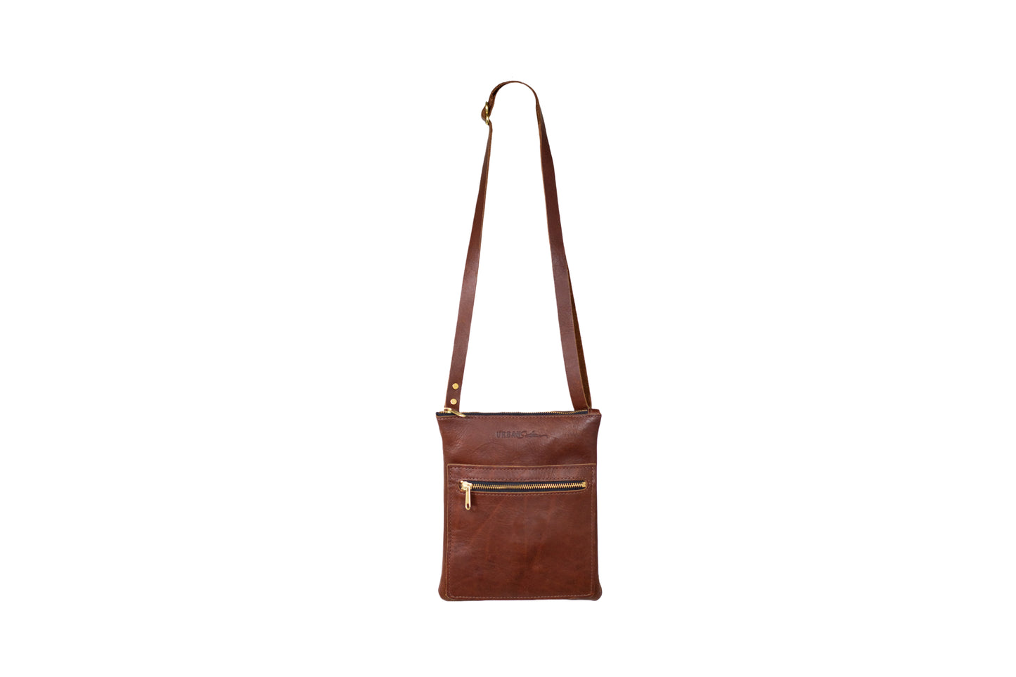 The Urban Slim Crossbody, featuring full-grain leather, brass hardware, two exterior slip pockets & one exterior zipper pocket.