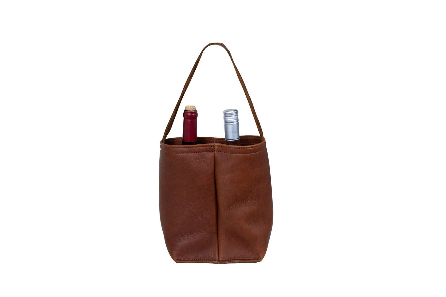 The Urban Dual Wine Tote, handcrafted from full-grain leather, with a carry handle & two interior compartments large enough to hold two standard-sized wine bottles.