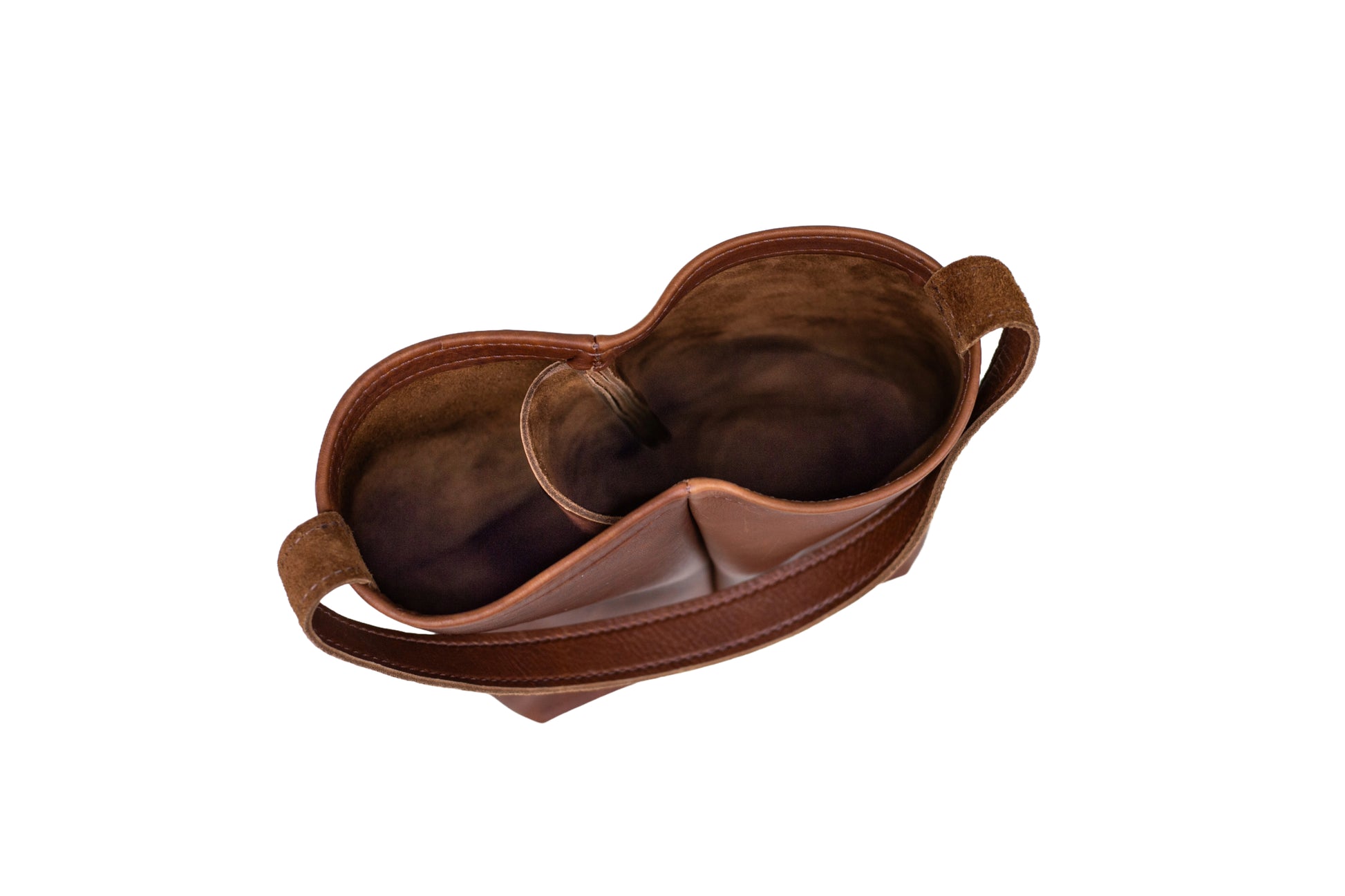 A close up view of the interior of a Urban Dual Wine Tote, featuring two compartments large enough to fit 2 standard sized wine bottles.