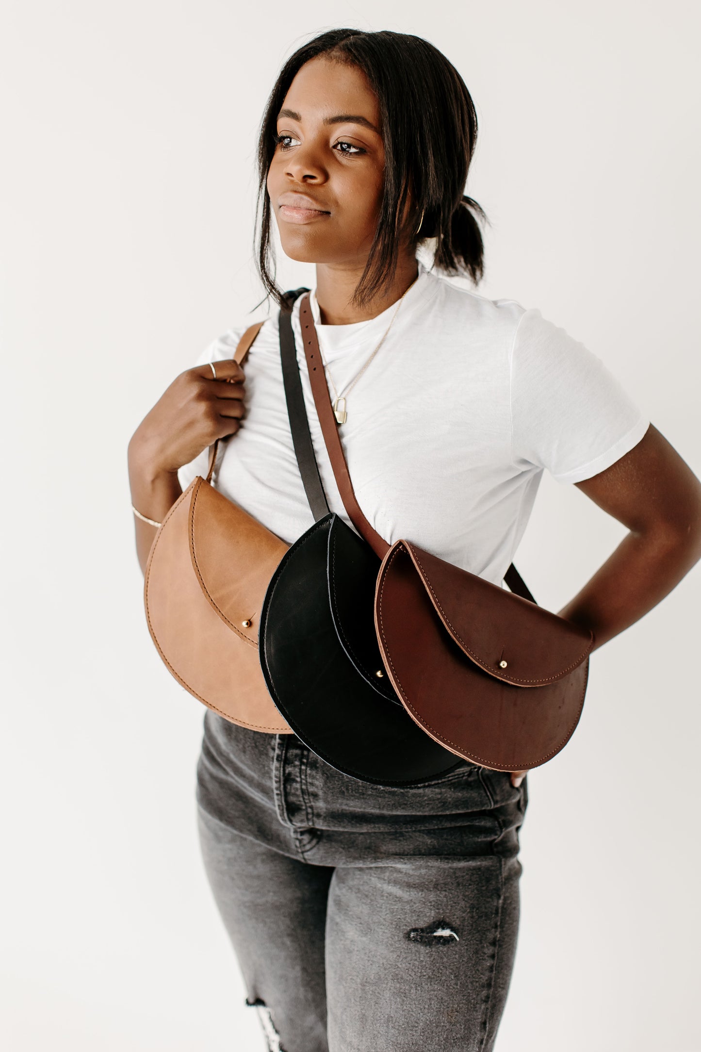 The Half Moon Belt Bag can be carried across the shoulder like a Crossbody bag.