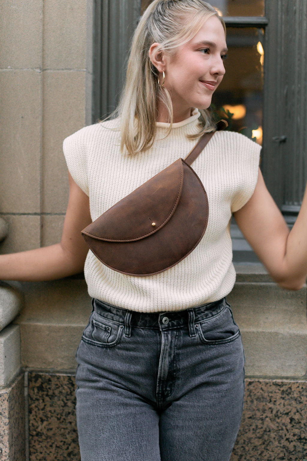 The Urban Southern handcrafted leather Half Moon Belt Bag in Rustic Brown