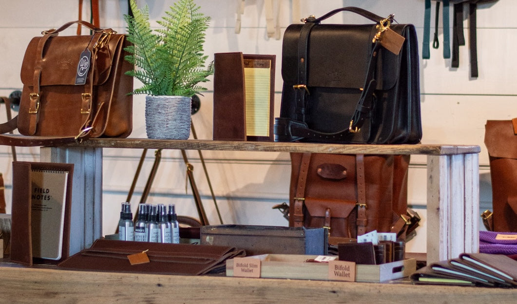 The Urban Southern storefront, featuring leather briefcases & wallets.