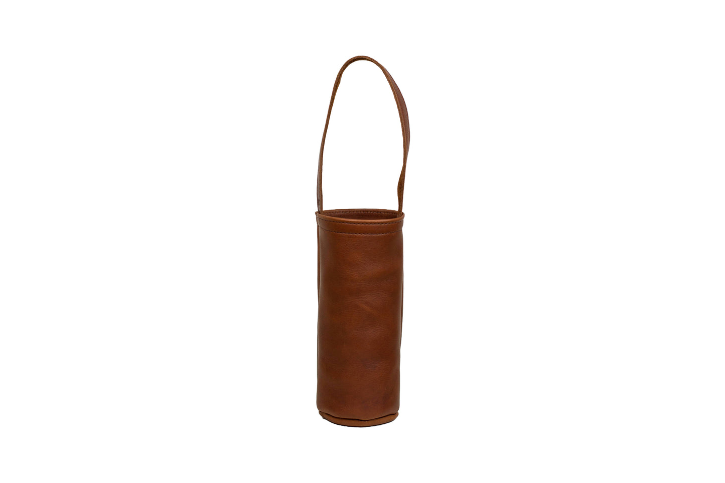 The Urban Wine Tote, handcrafted from full-grain leather, featuring a carry handle & an interior compartment large enough to hold a standard sized wine bottle.