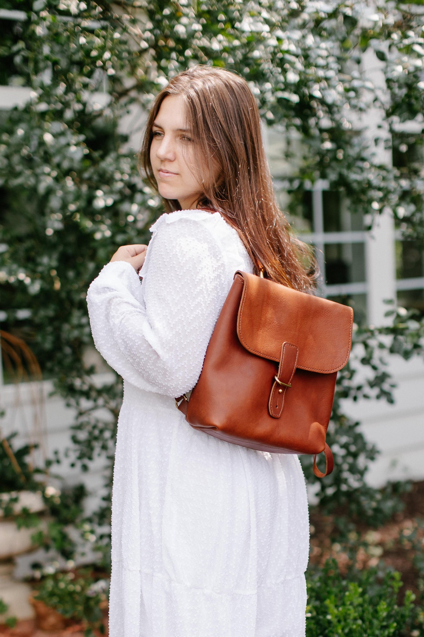 The Urban Southern handcrafted leather Monterey Backpack in Cognac.