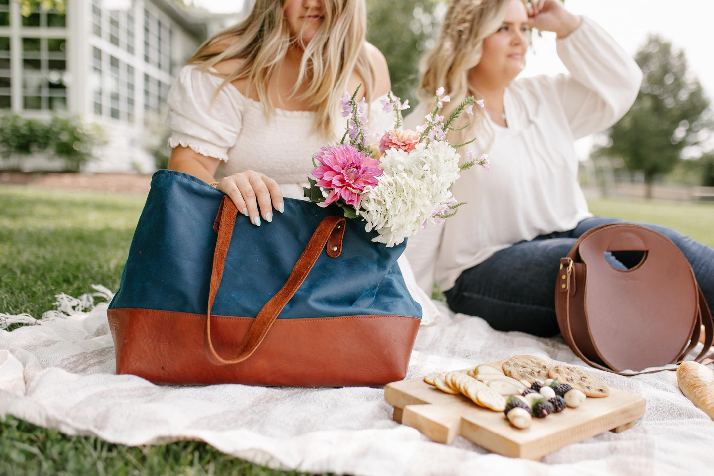 The Urban Southern handcrafted leather Large Canvas Tote in Sapphire Blue.