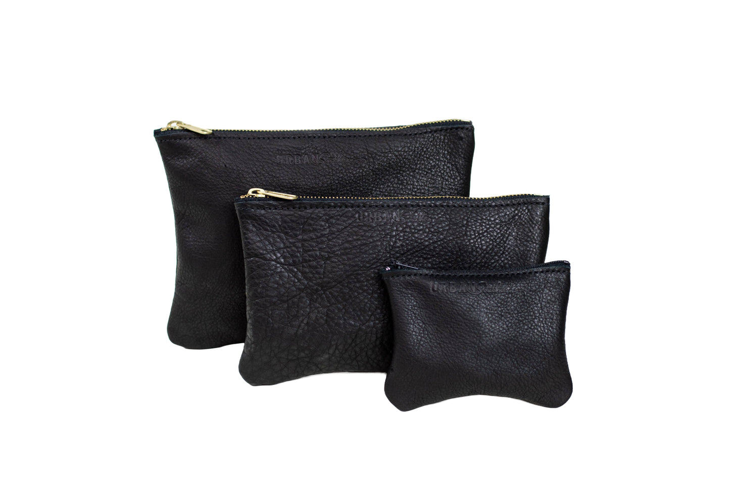 All three sizes of the Zipper Pouch are shown side-by-side. The Small is a size between the Large and Mini.