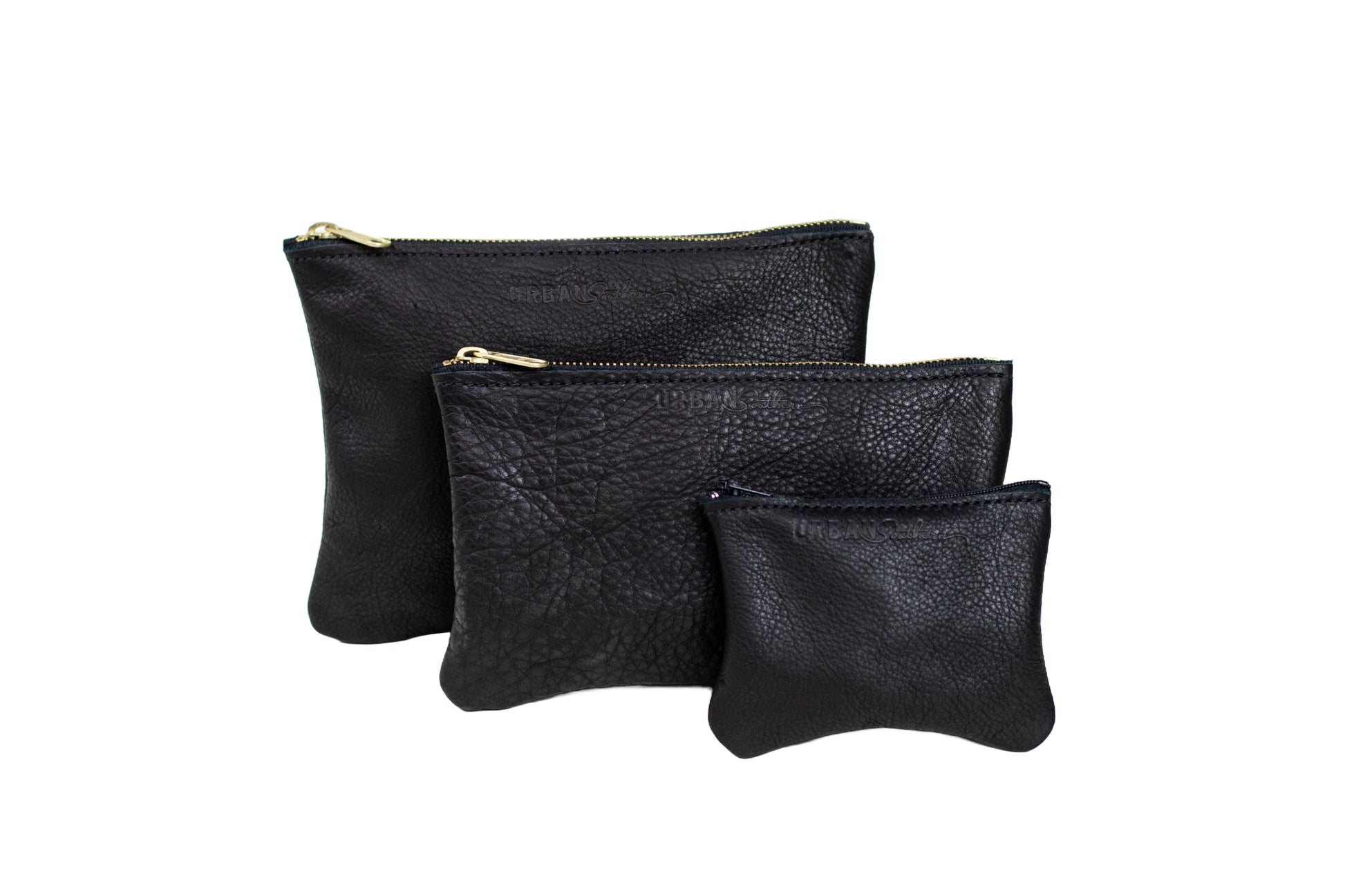 All three sizes of the Zipper Pouch are shown side-by-side. The Small is a size between the Large and Mini.