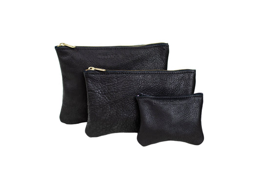 All three sizes of the Zipper Pouch are shown side-by-side. The Small is a size between the Large and Mini.