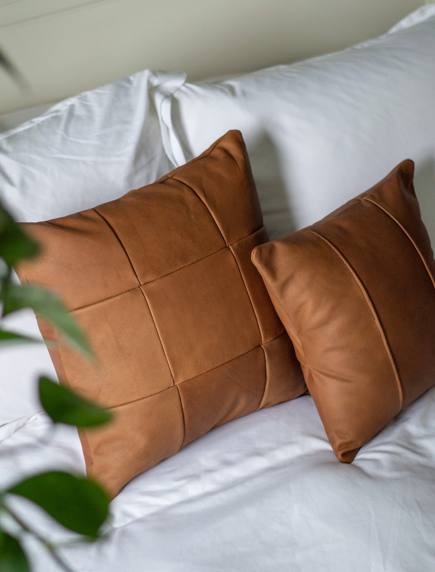 The Large Leather Pillow pairs perfectly with the Small Leather Pillow for luxurious home decor and design.