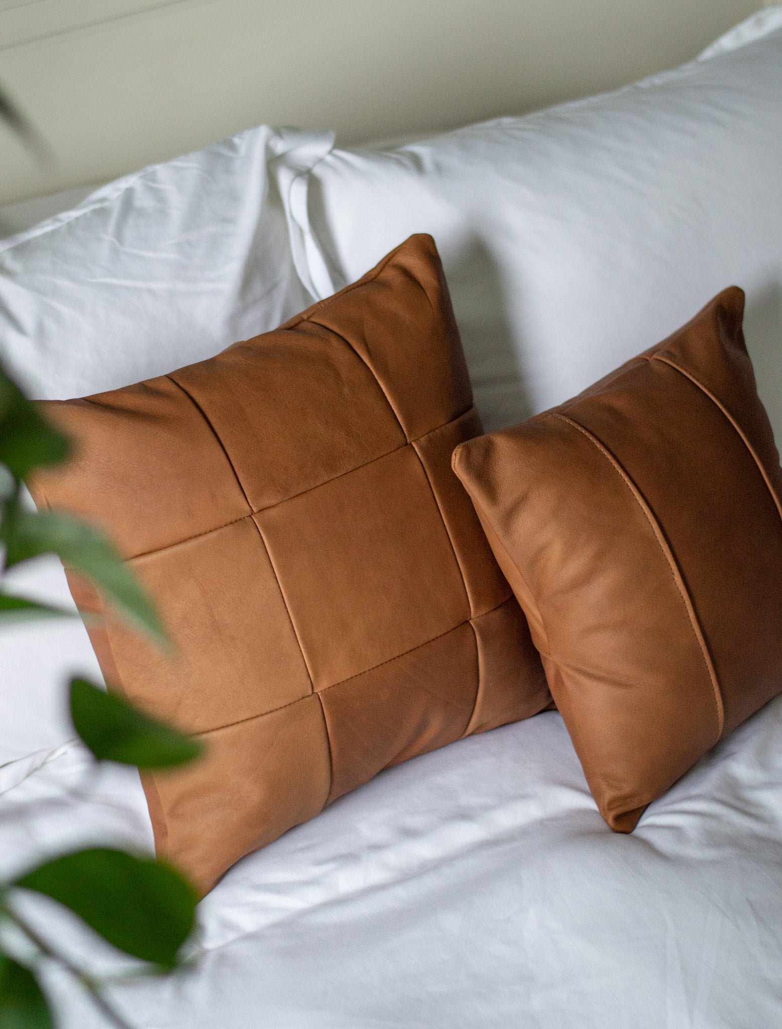 The Large Leather Pillow pairs perfectly with the Small Leather Pillow for luxurious home decor and design.