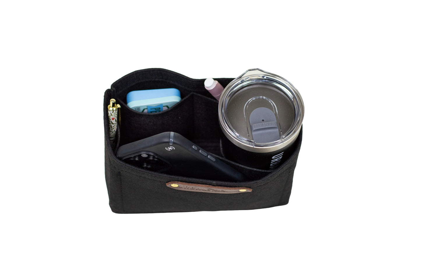 Interior of the Mini Tote Insert, featuring 4 interior pockets & space for your water bottle, phone, lip gloss etc.