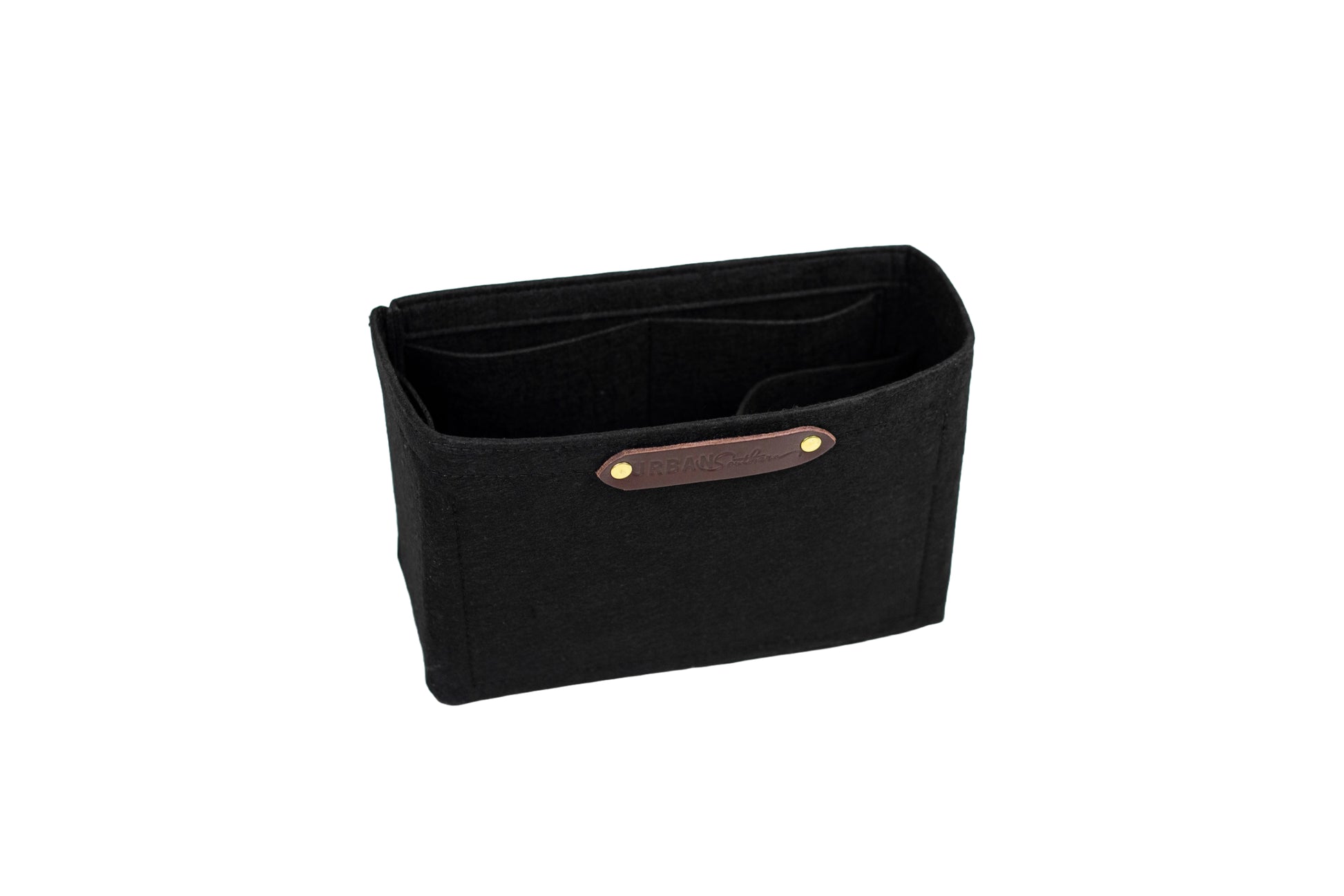 The Mini Tote Insert, featuring 4 interior pockets & a cup holder. With the Urban Southern logo front and center on a full-grain leather patch.