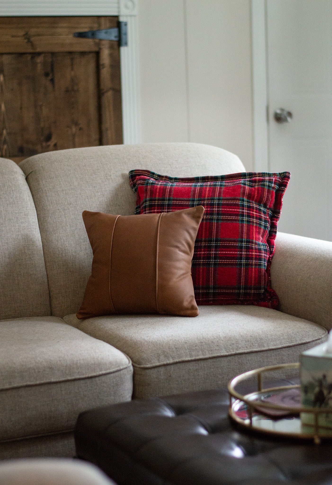 The beautiful Small Leather Pillow sits on a couch, complimenting the room's decor.
