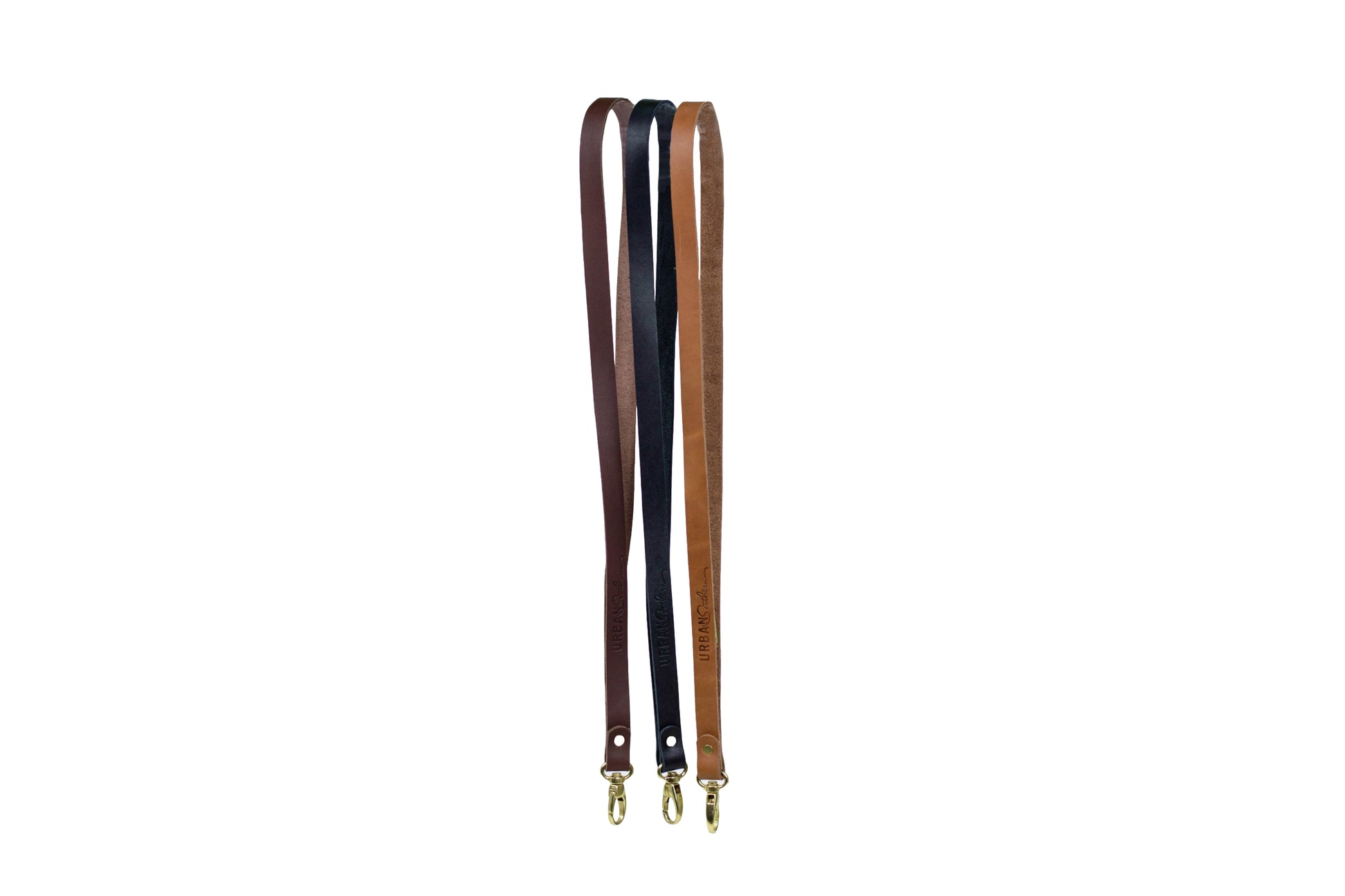 The Urban Southern handcrafted leather lanyard comes in three colors: Chestnut Brown, Black, and Honey.