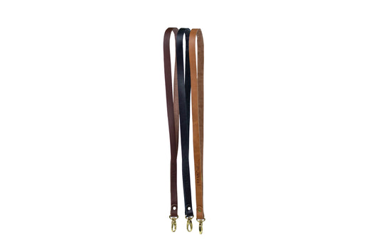 The Urban Southern handcrafted leather lanyard comes in three colors: Chestnut Brown, Black, and Honey.