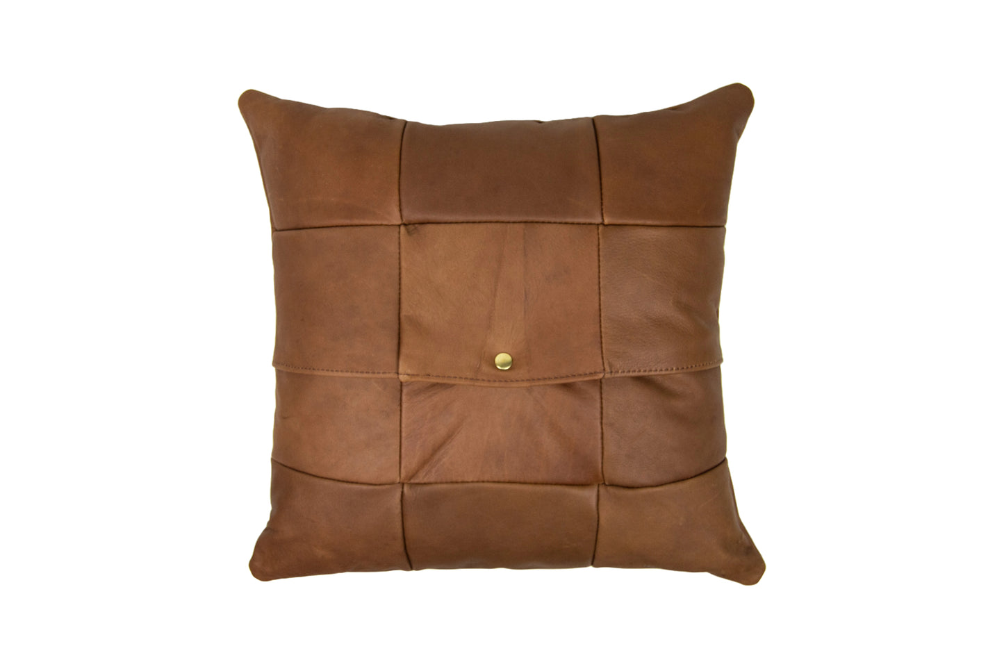The back of the Urban Southern Large Leather Pillow features a brass snap to easily remove the pillow case.