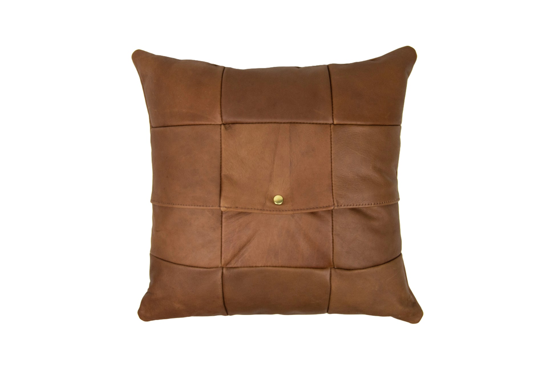The back of the Urban Southern Large Leather Pillow features a brass snap to easily remove the pillow case.