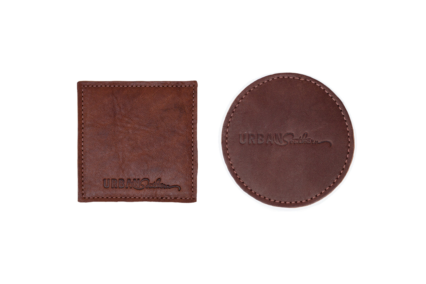 The Urban Southern handcrafted leather Coaster with the engraved Urban Southern logo is available in Circle or Square shape, with a variety of colors and quantities.