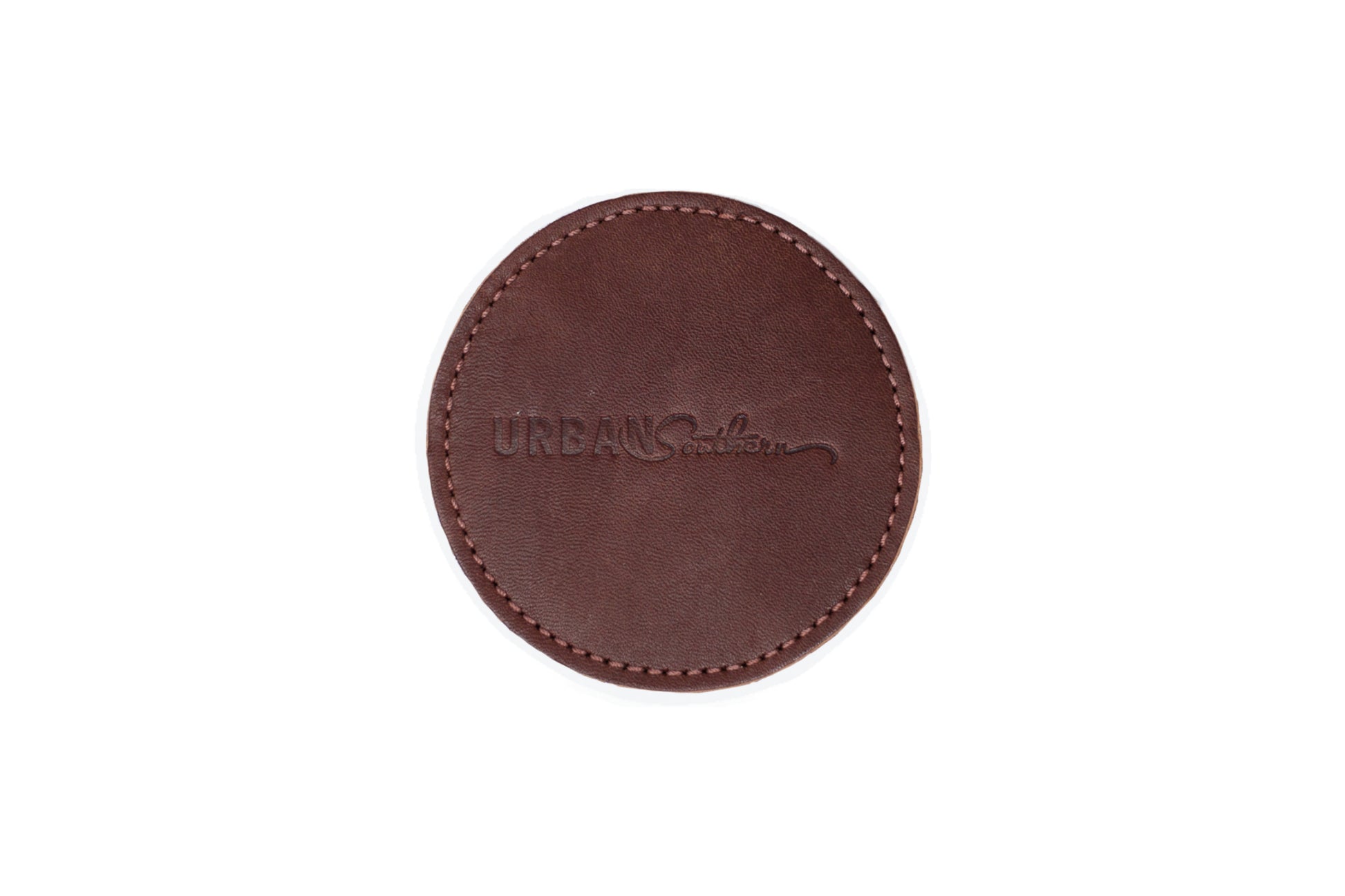 The Urban Southern handcrafted leather Round Coaster in Chestnut.
