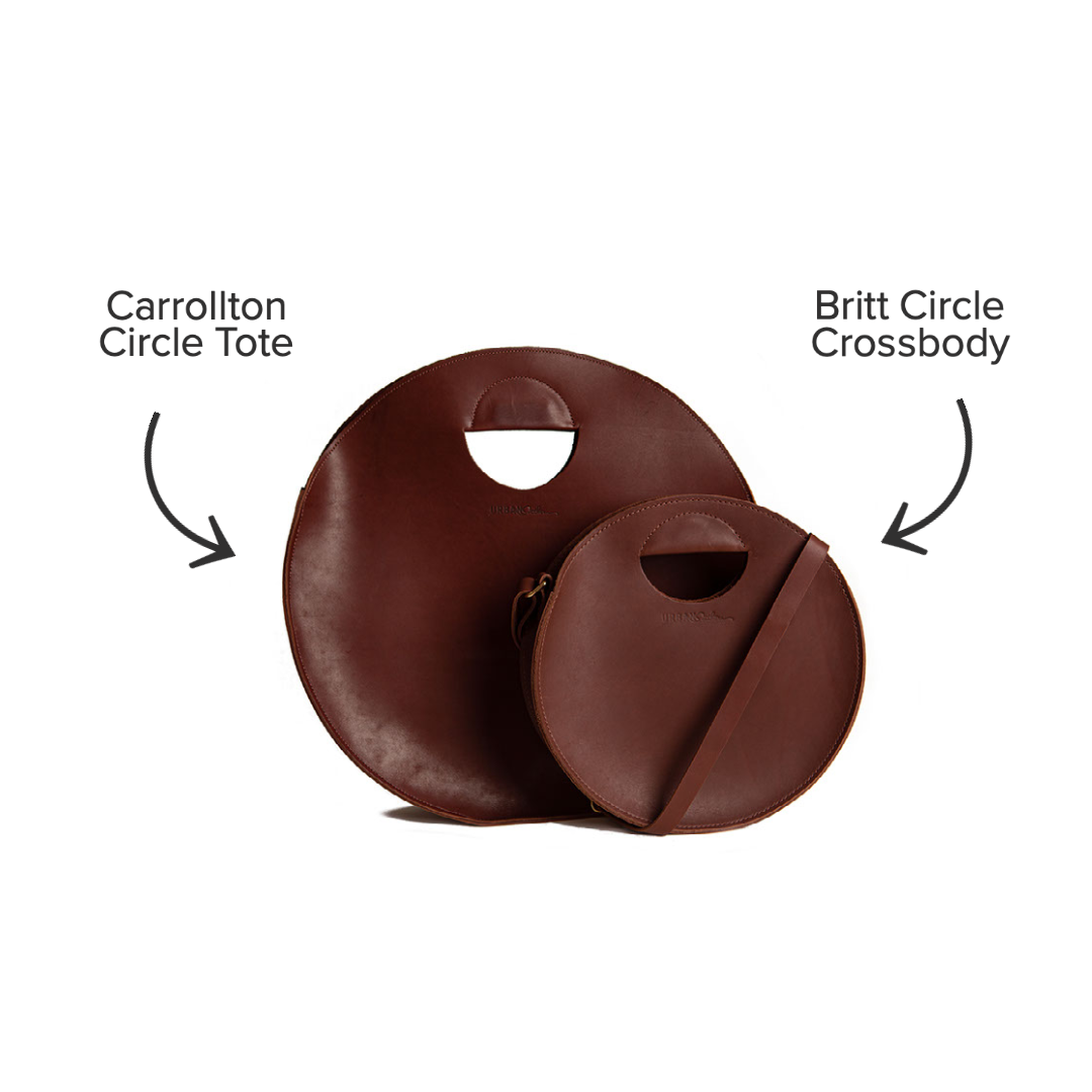 A side-by-side size comparison of the Carrollton Circle Tote and the Britt Circle Crossbody. The Carrollton Circle Tote is about one-third larger than the Britt Circle Crossbody.