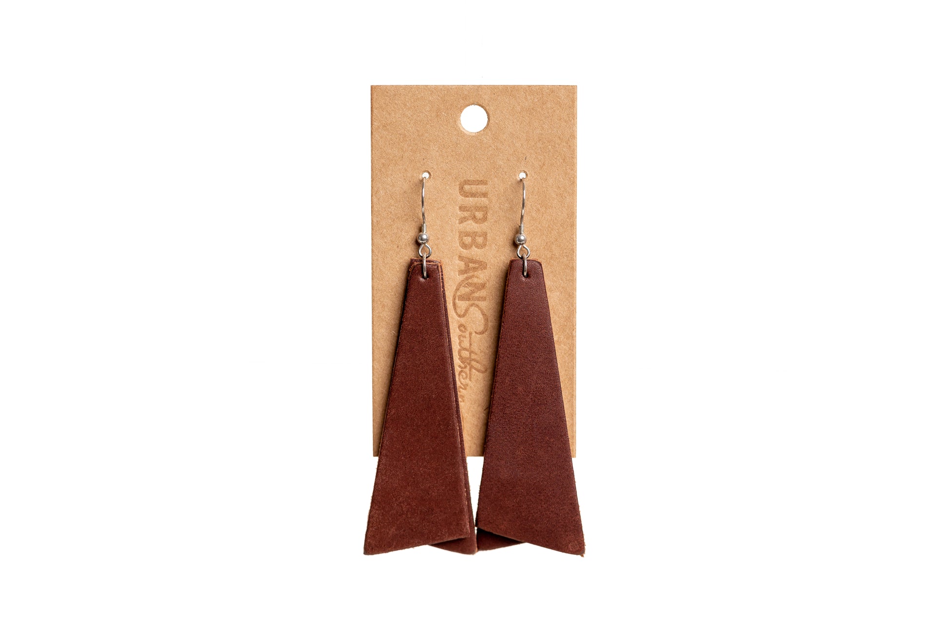 The Urban Southern Leather Long Geometric Everyday Earrings in Chestnut Brown.
