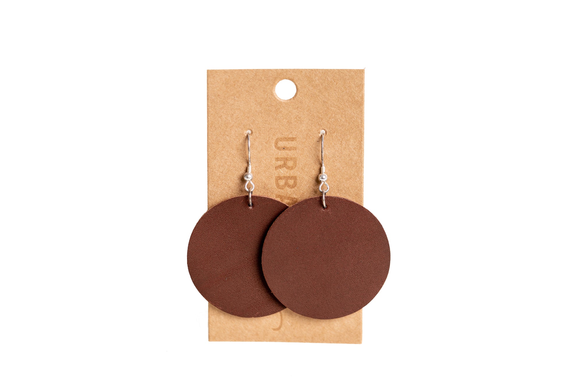 The Urban Southern Leather Circle Everyday Earrings in Chestnut Brown.