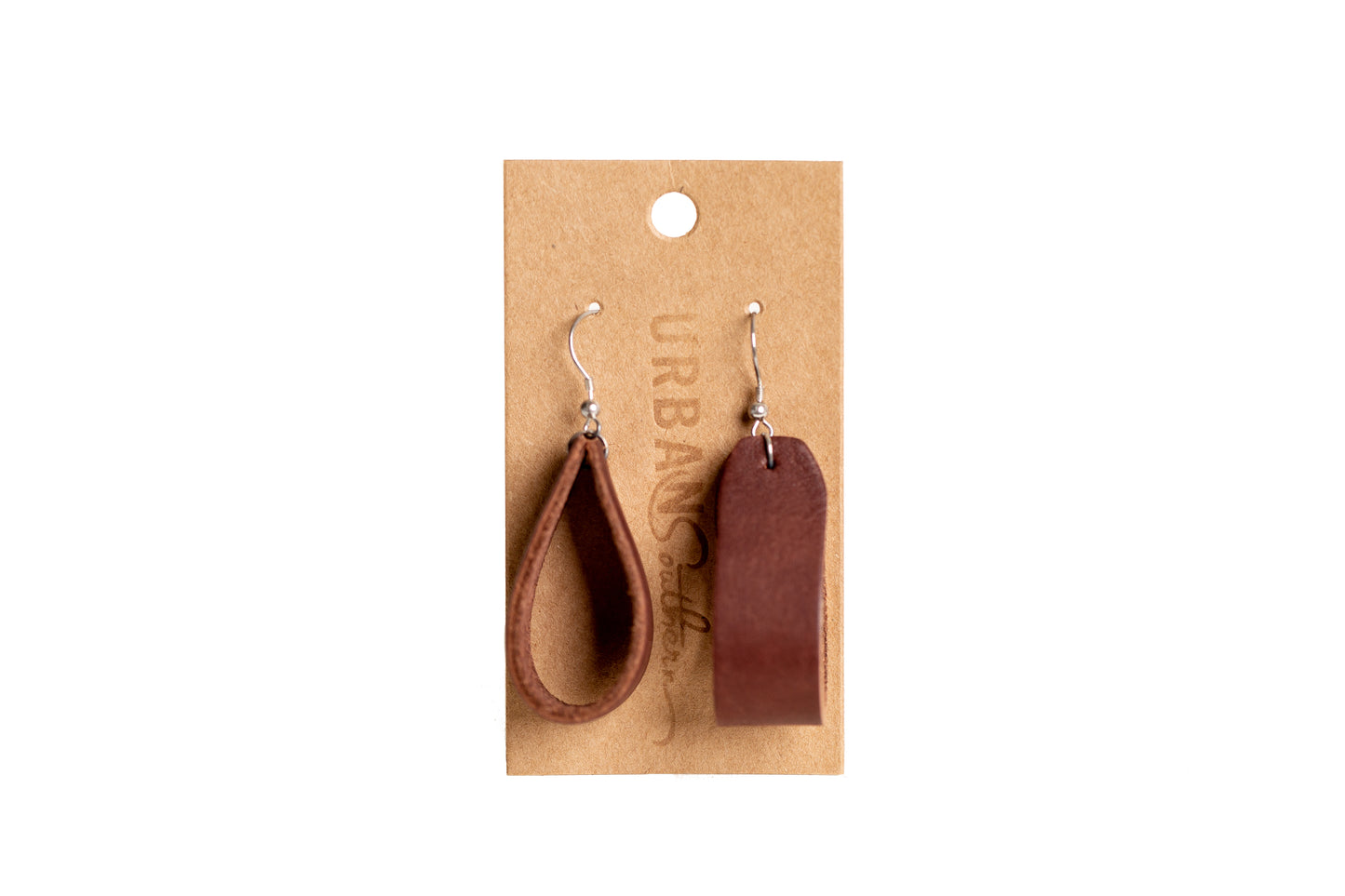 The Urban Southern Leather Loop Everyday Earrings in Chestnut Brown.