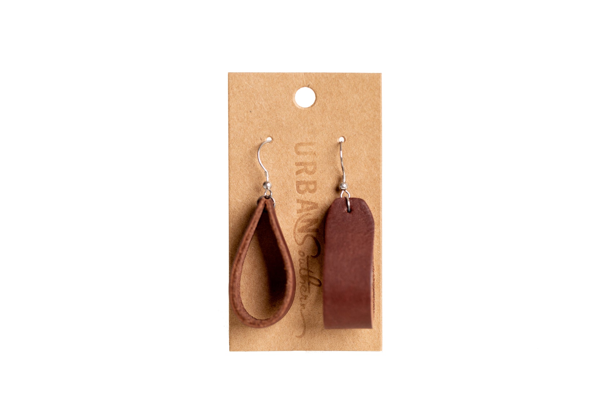 The Urban Southern Leather Loop Everyday Earrings in Chestnut Brown.