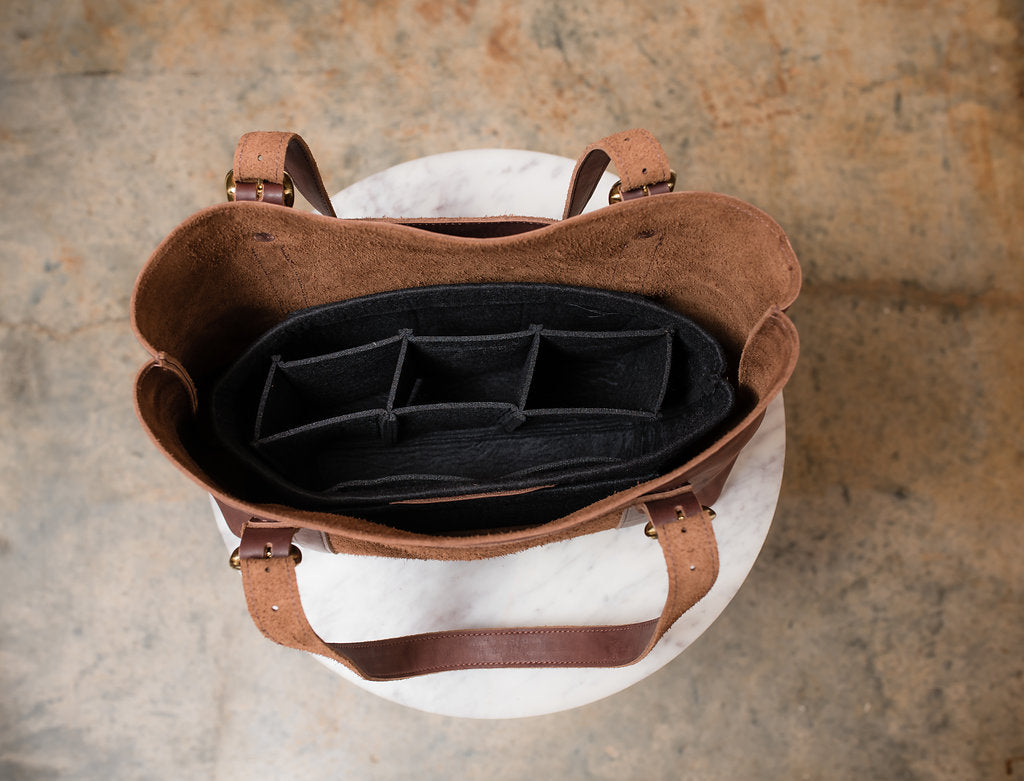 The tote insert shown inside one of Urban Southern's leather totes.