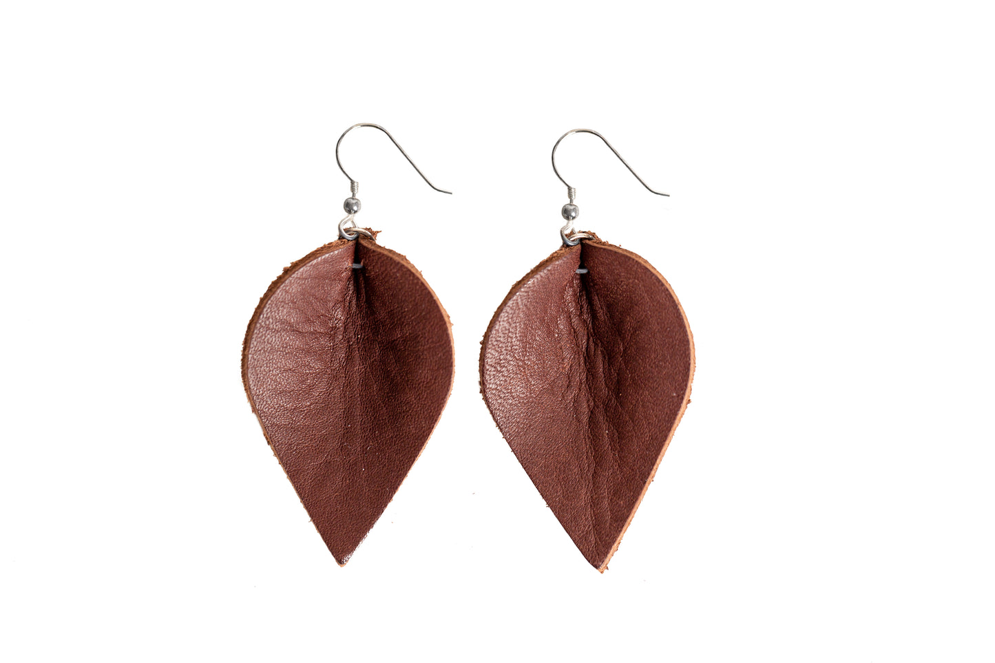 The Urban Southern handcrafted leather Teardrop Everyday Earrings in Chestnut Brown.