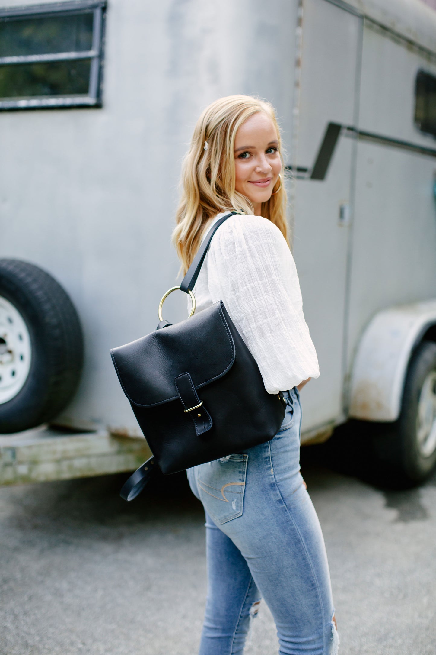 The Urban Southern handcrafted leather Monterey Backpack in Black.