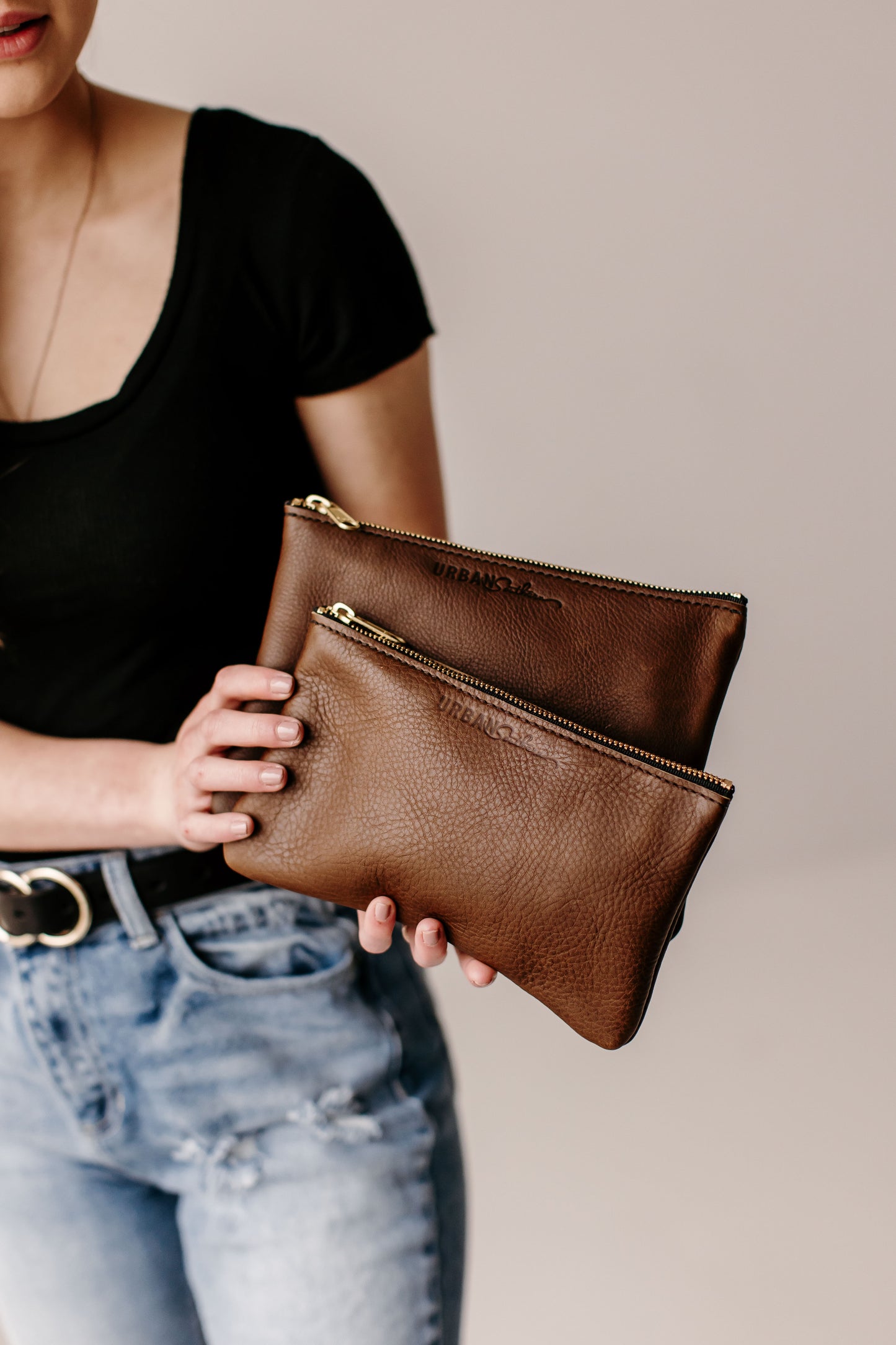 The Zipper Pouch Set, shown in Mocha.