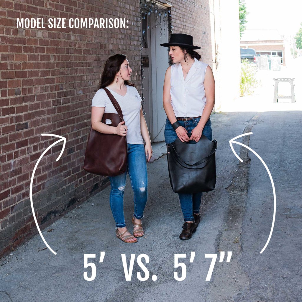 One woman who is five-feet tool carries the Market Tote standing next to a woman who is five-foot-seven-inches carrying the Market Tote, to show the bag in comparison to different heights.