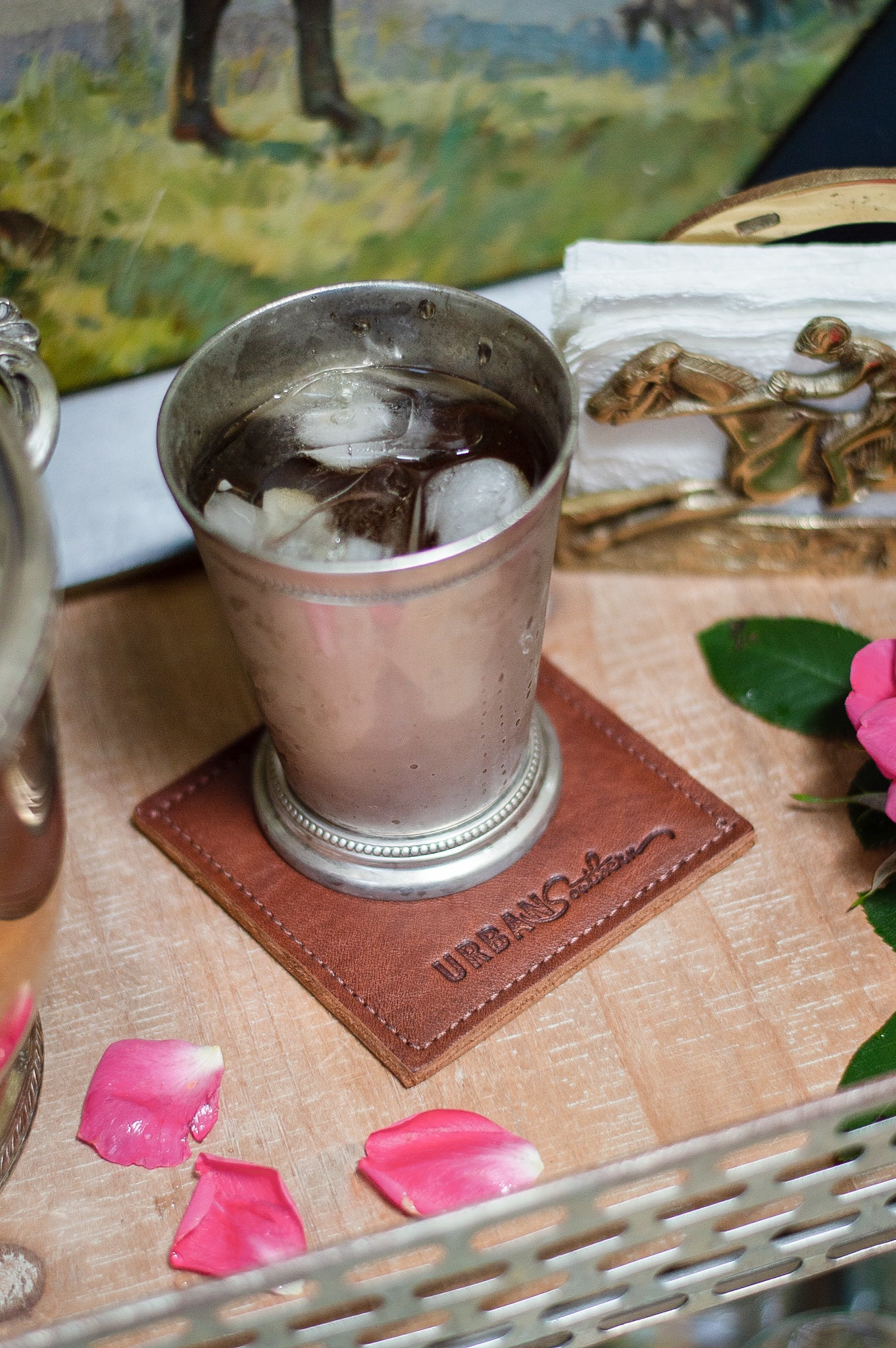 The Urban Southern handcrafted leather Square Coaster in Cognac.