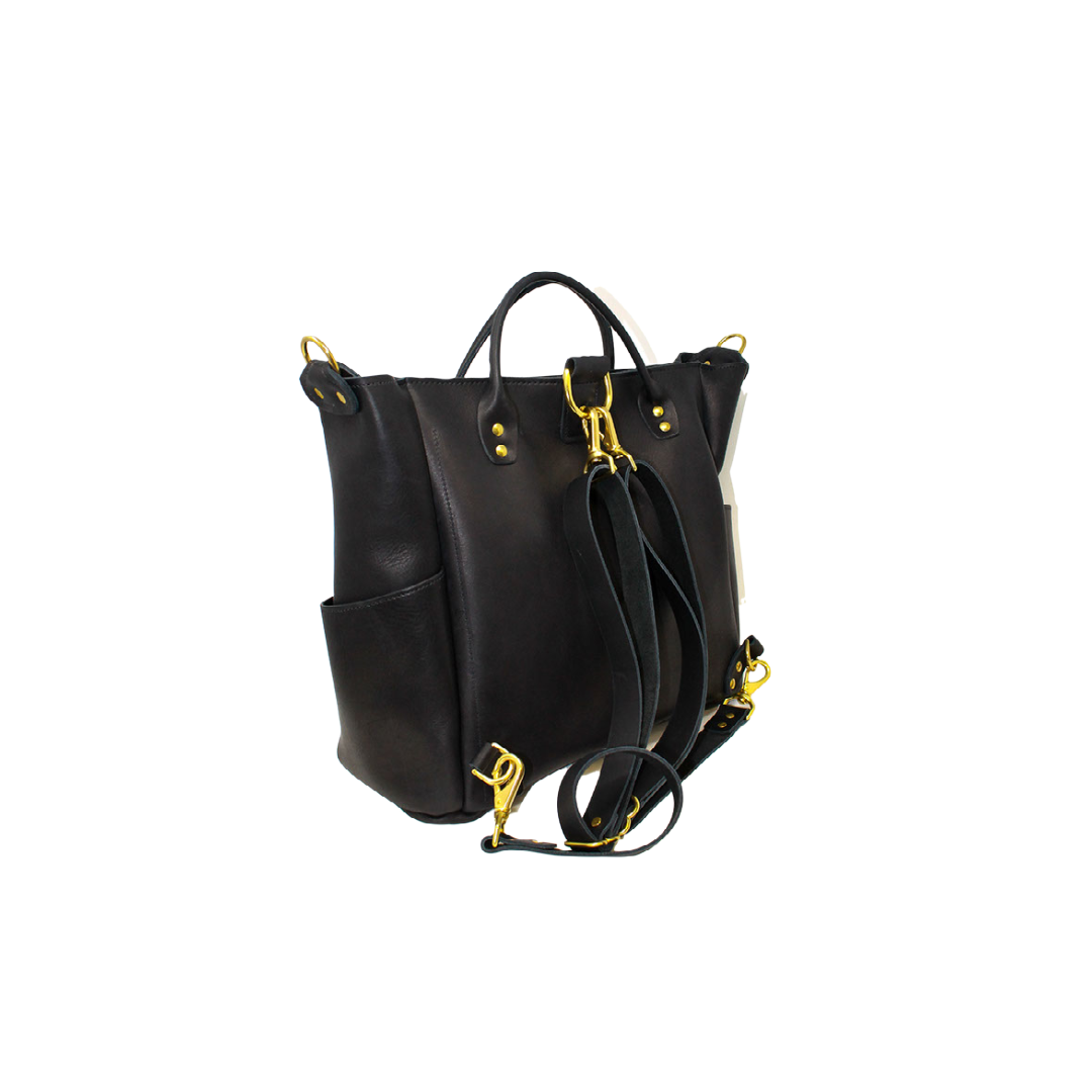 The back of the Urban Southern handcrafted leather Legacy Backpack Tote in Black.
