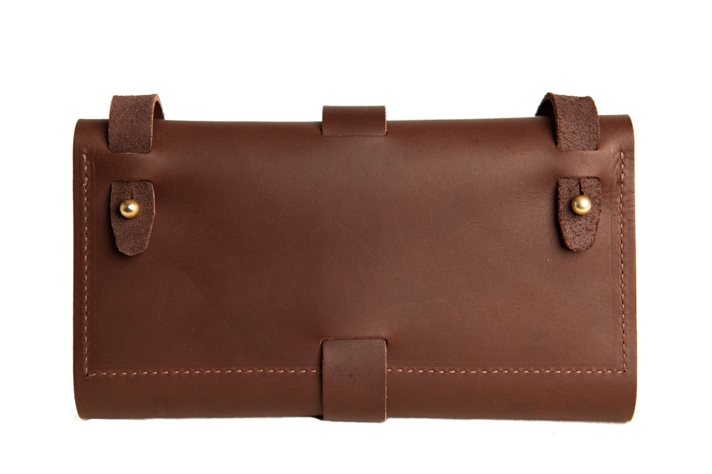 The back of the Crossbody Wallet has two brass post closures, making it simple and easy to remove the leather strap for a wallet-only option.