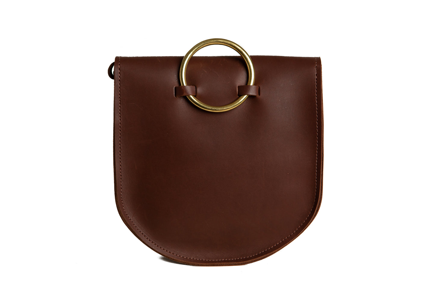 The back of the Urban Southern handcrafted leather Heritage Saddlebag has a large brass ring for easy hand carrying.