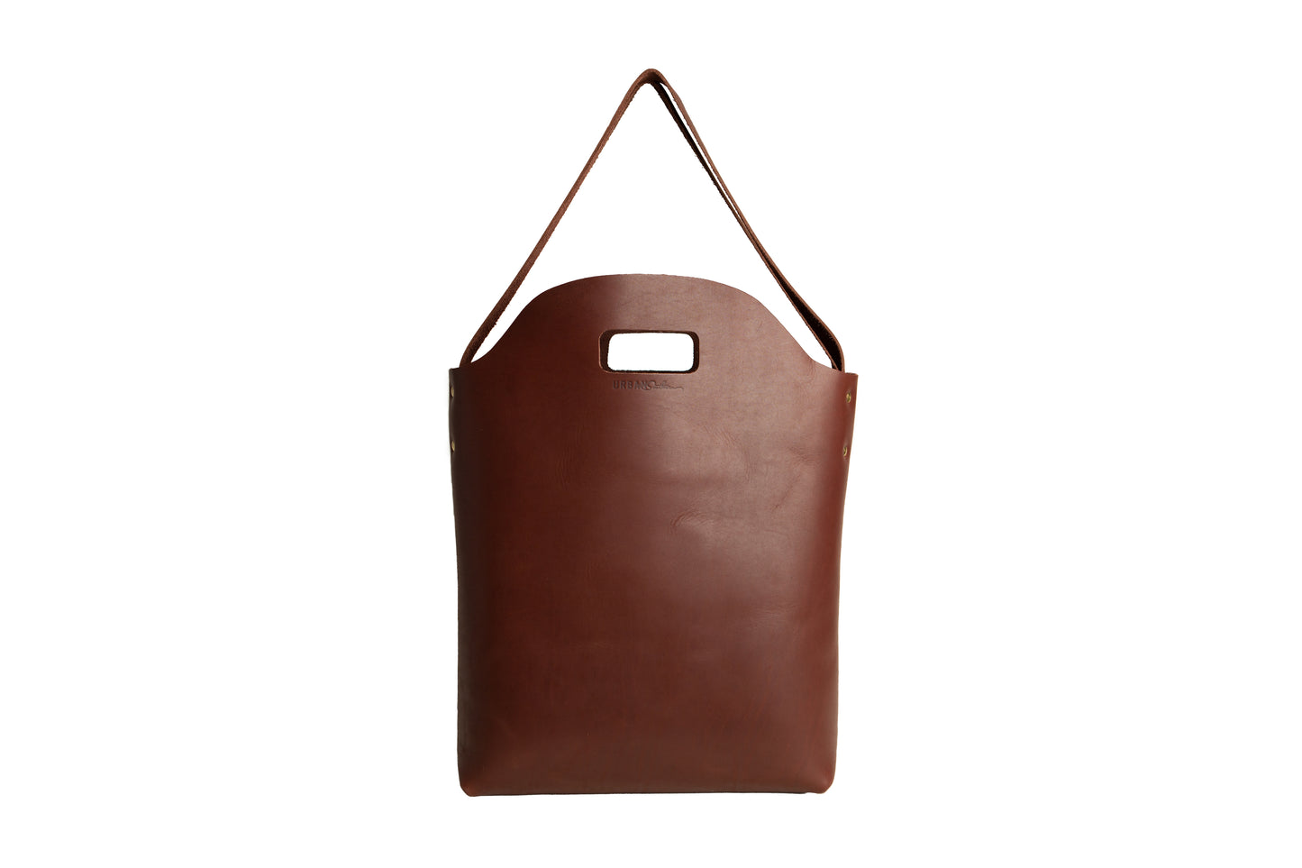 The Urban Southern handcrafted leather Market Tote in Chestnut Brown.