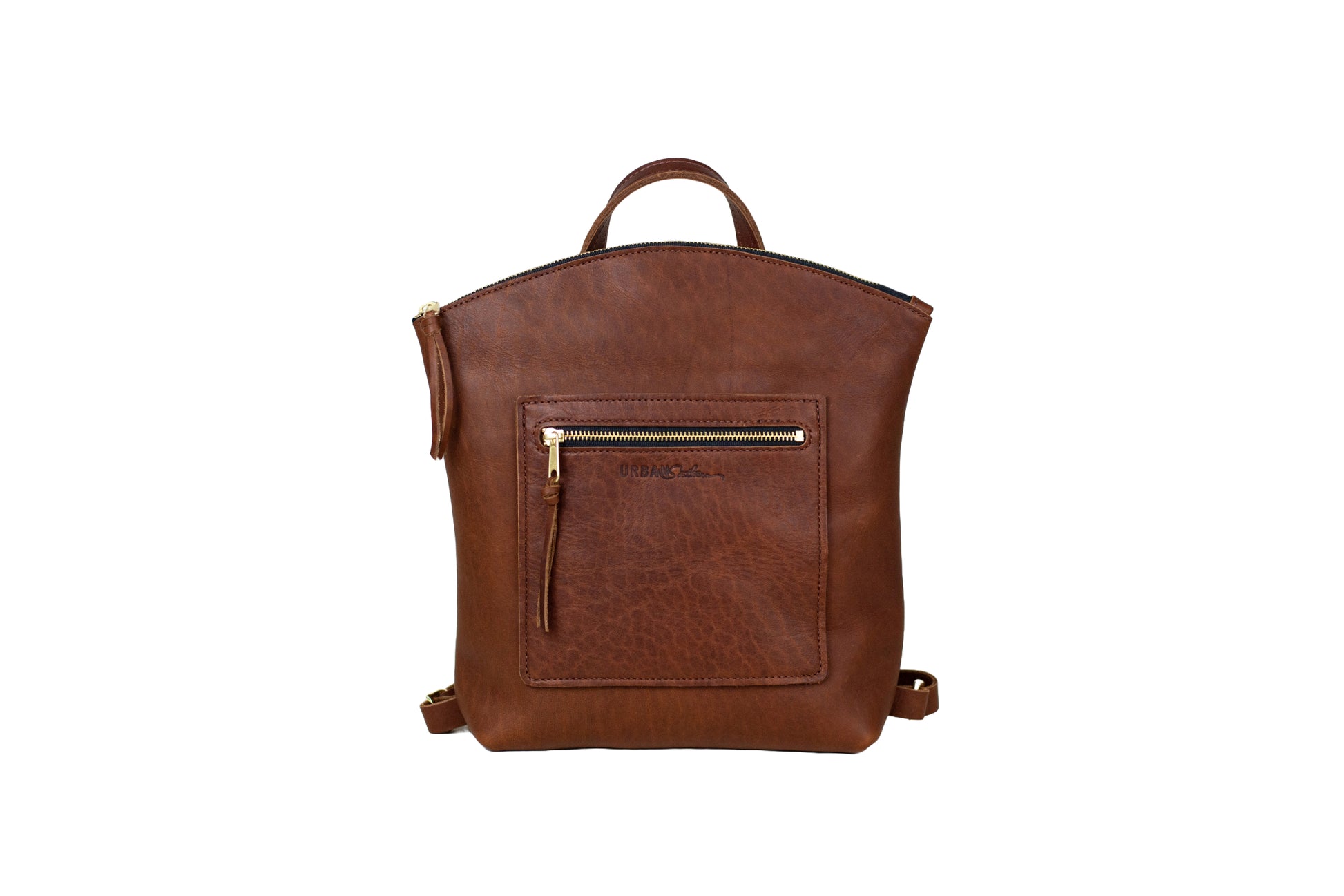 A front view of the Brooklyn Backpack in Cognac.