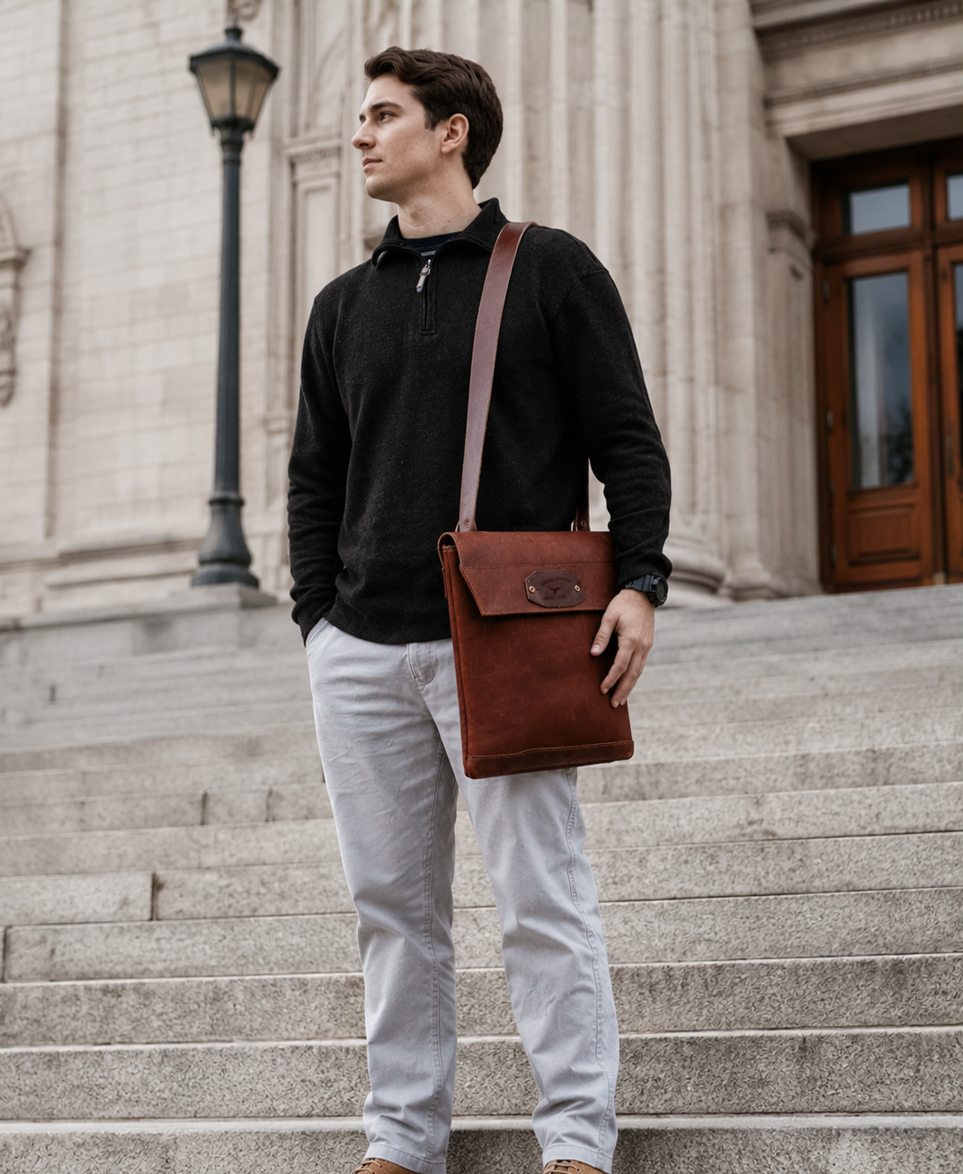 A man wearing a black quarter-zip fleece and light gray pants stands on stone steps, carrying a brown leather messenger bag with a wide shoulder strap on his shoulder.