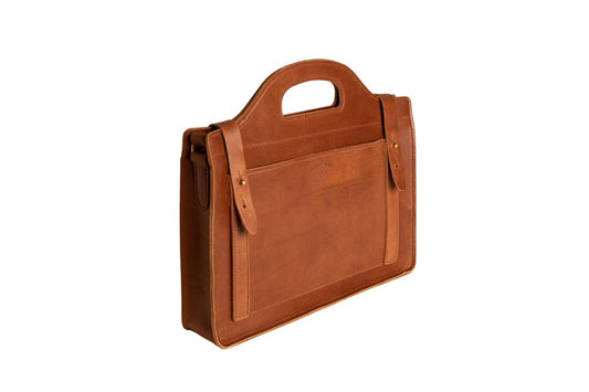 brown leather satchel featuring the urban southern logo and two exterior pockets