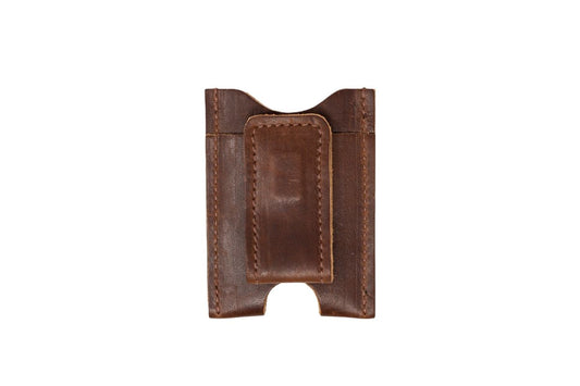 The back of a brown leather money clip wallet, showcasing the magnetic money clip when closed. 