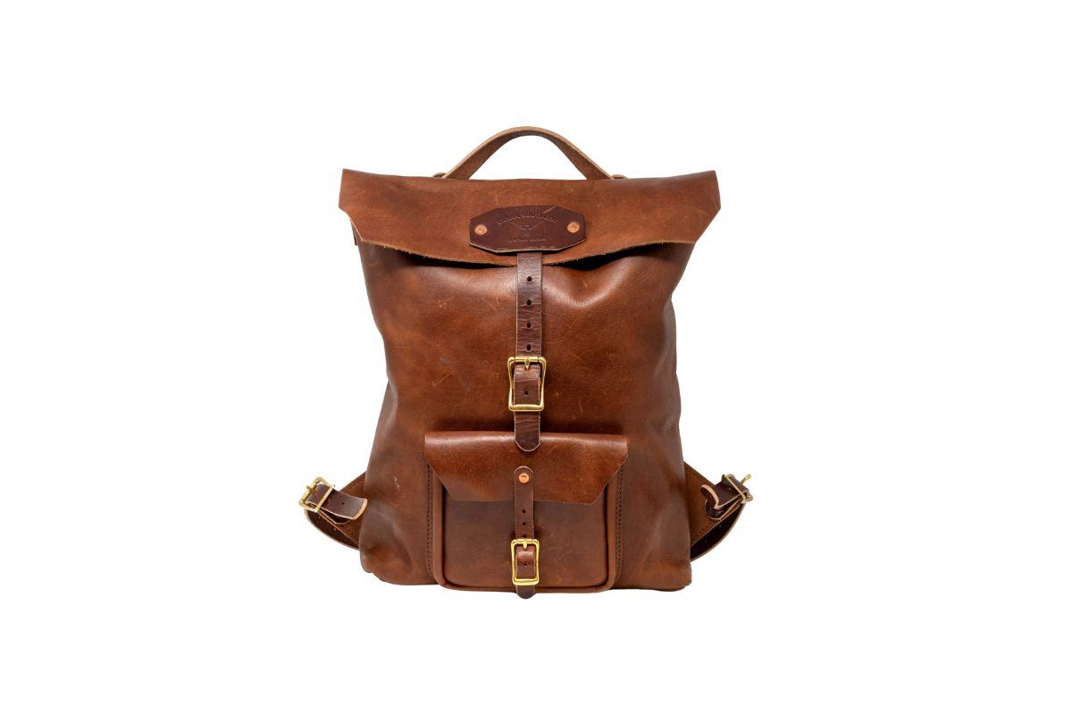 Brown leather backpack with sturdy brass hardware on a white background