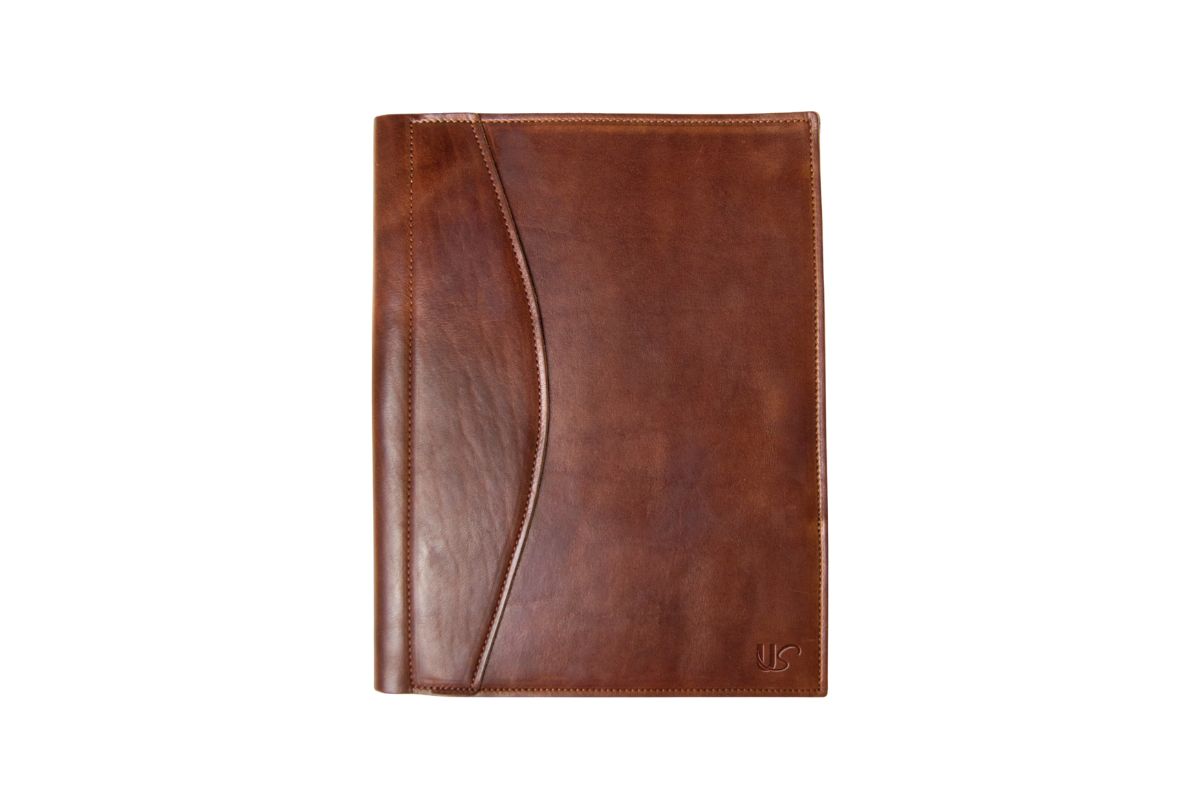 Brown leather padfolio with the US logo on the bottom right corner.