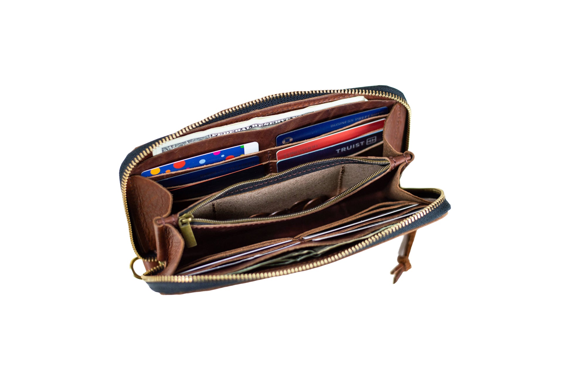 Details showing the interior of the Urban Zipper Wallet, including its credit card slots, cash pockets & zipper coin pocket.